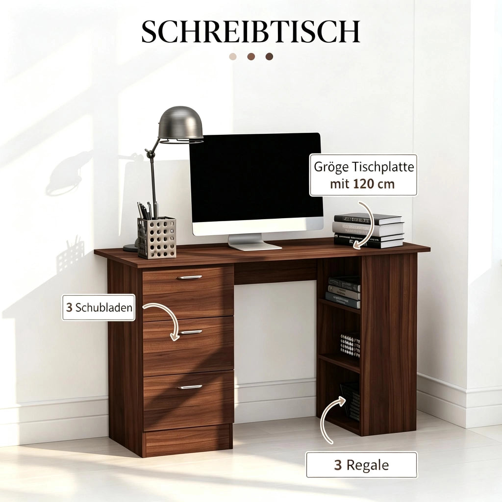 Scrivania lineare con 3 cassetti e 3 ripiani aperti, in MDF effetto legno, per ufficio e camera da letto 120 × 49 × 72 cm