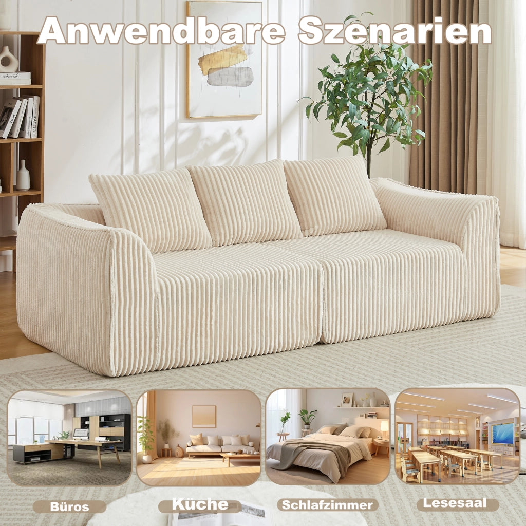 Divano modulare in ciniglia con braccioli e schienale curvi, seduta ampia e imbottitura in schiuma beige