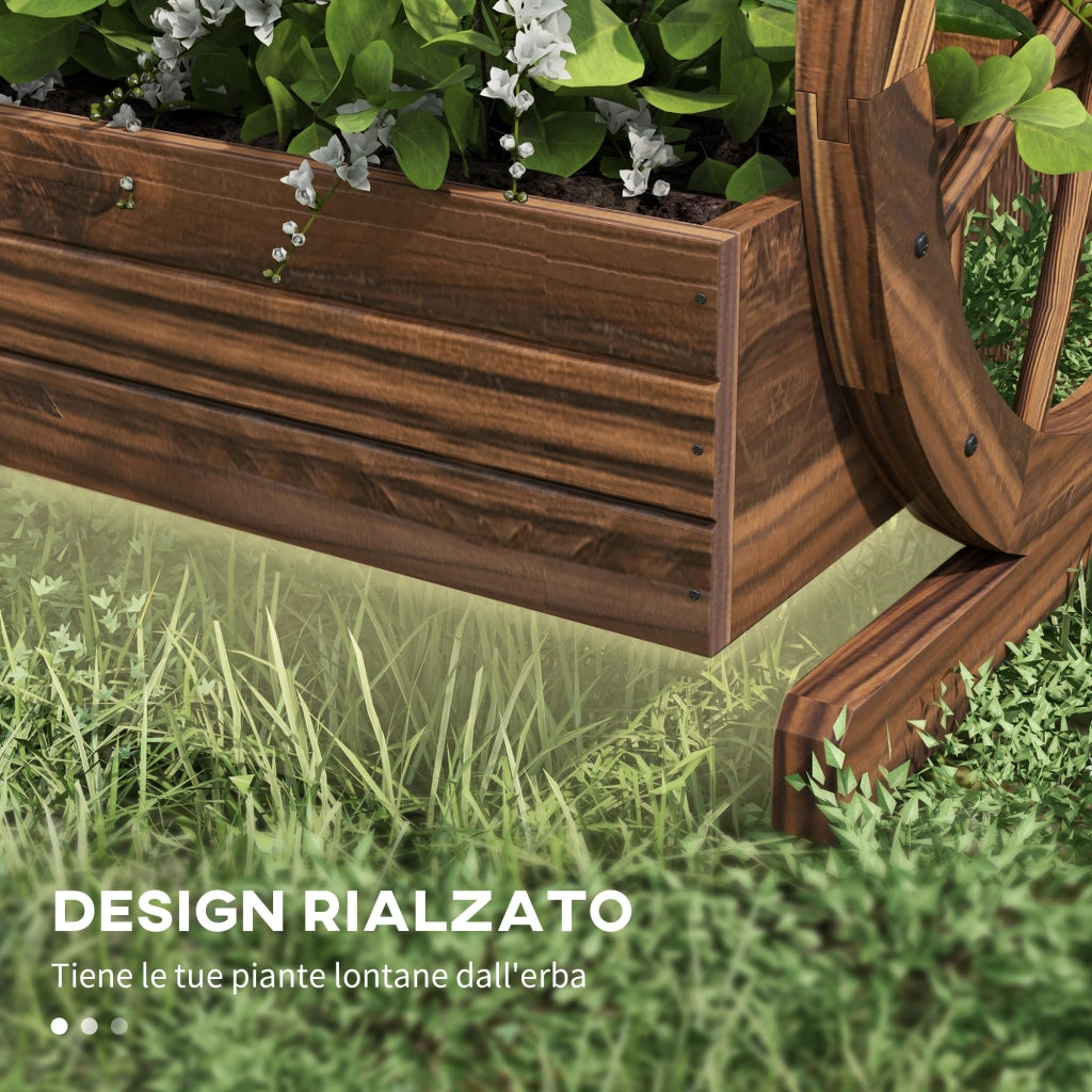 Fioriera in Legno da Esterno a 2 Livelli con 3 Vasi e Ruote di Carro Stile Country, 64x54x60cm