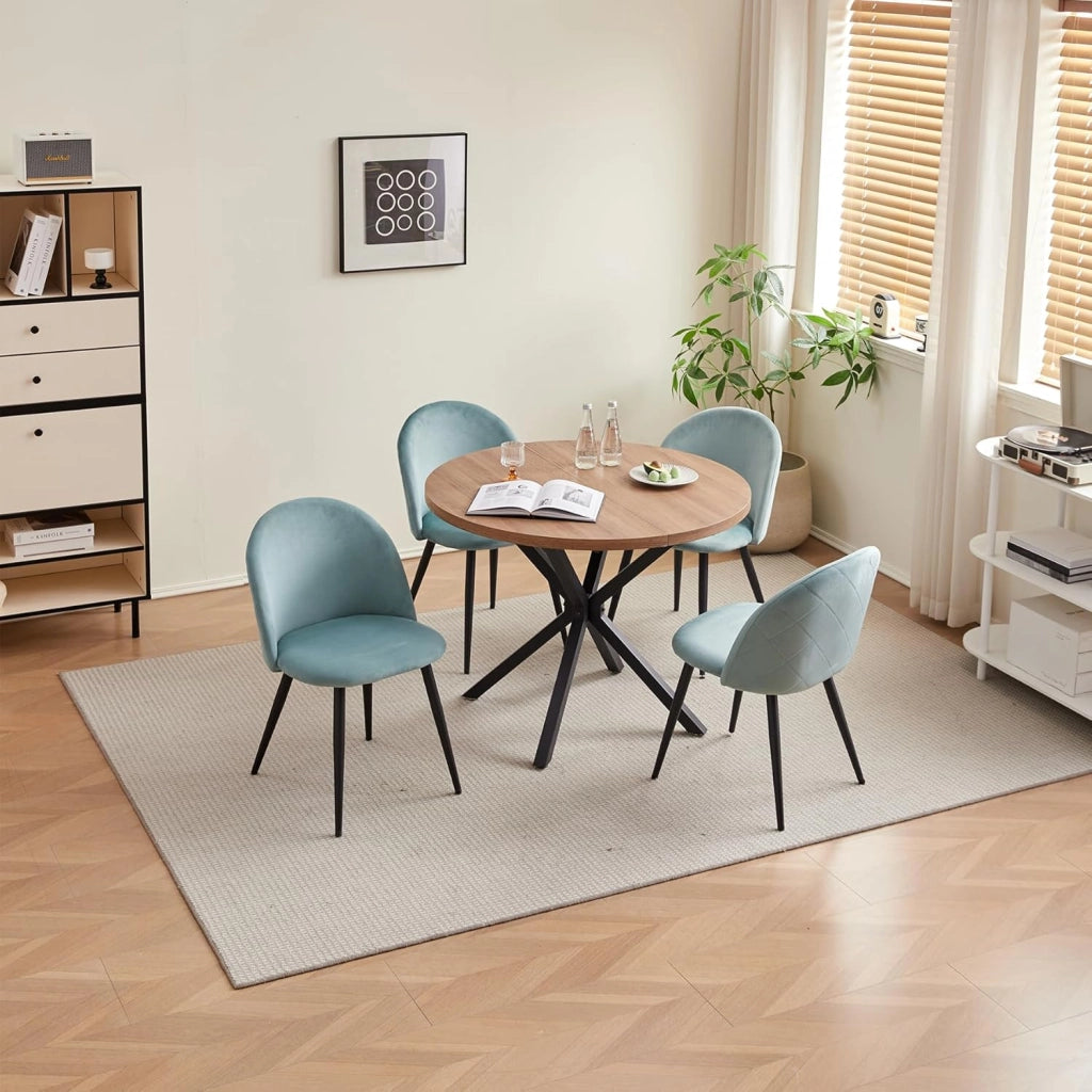 GrandCA HOME Set Tavolo e Sedie da Pranzo, Tavolo Rotondo da 100 cm e 4 Sedie in Velluto Nordico, Adatto a Soggiorno, Sala da Pranzo e Cucina (Venature in Legno Scuro + Verde)