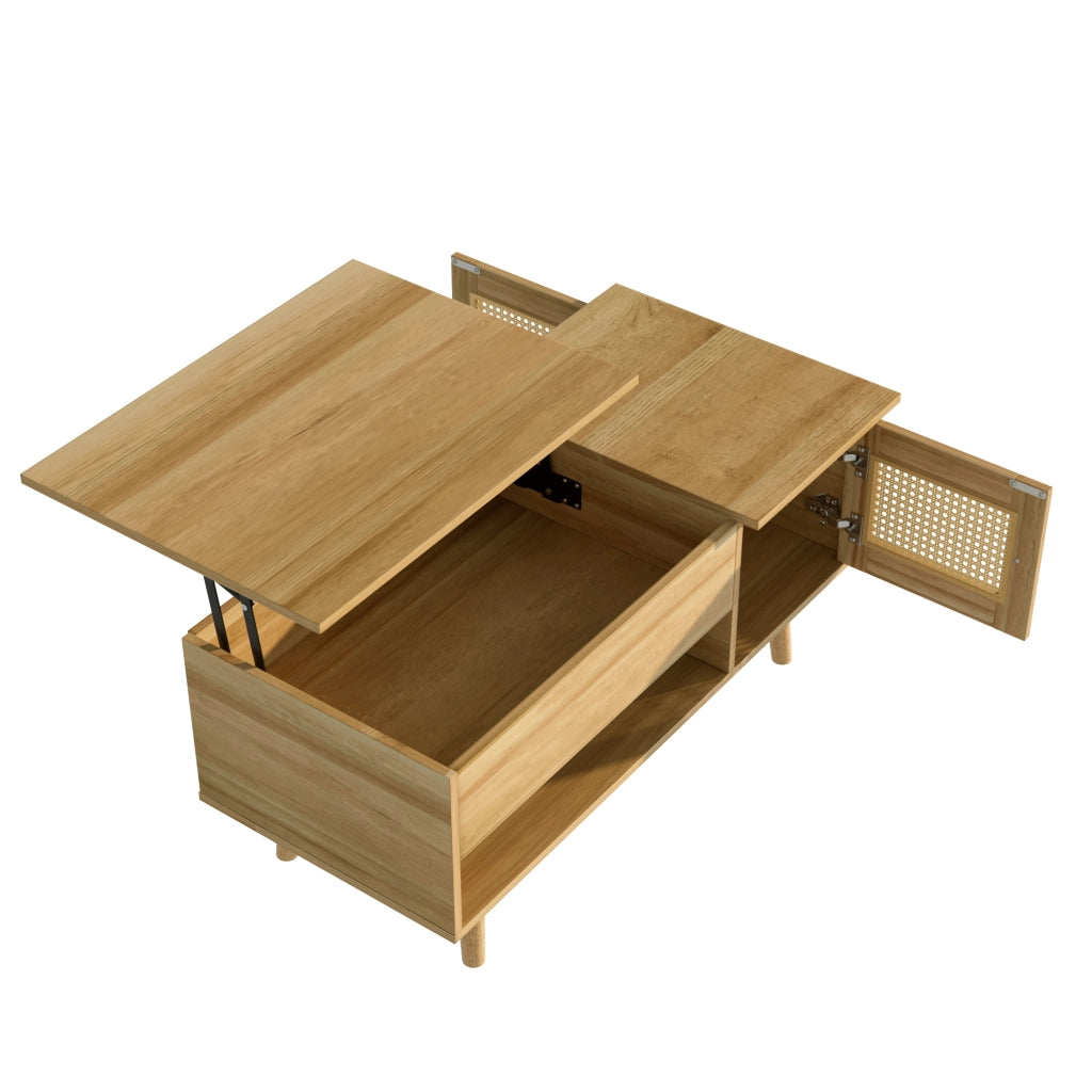 Tavolino da Salotto Alzabile con Ante Effetto Rattan e Vano Contenitore per Soggiorno in Truciolare