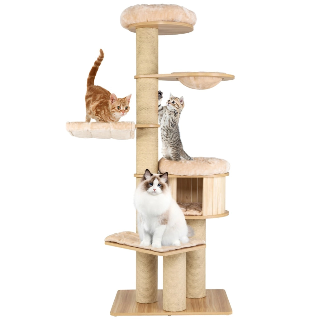 Albero tiragraffi per gatti moderno e alto, Albero per gatti multistrato con nicchia in legno trespolo Beige-Alberi Tiragraffi