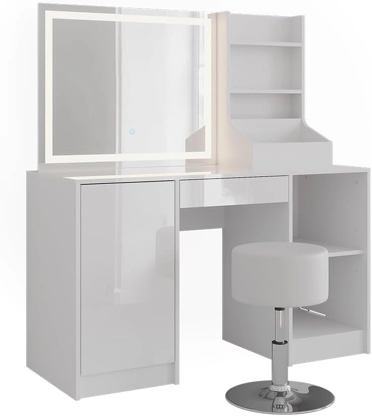 Tavolo da toeletta Sherry, Bianco/bianco lucido, 128.2 cm con specchio LED e sgabello