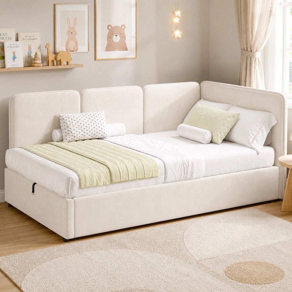 Letto contenitore 90 × 200 cm con sollevamento idraulico, lato reversibile, senza materasso, in velluto beige