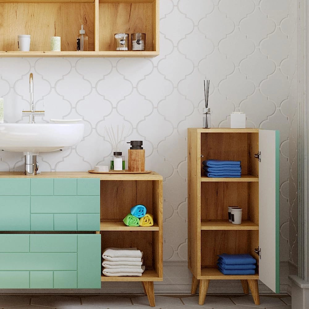 Mobiletto bagno Rudi, Verde menta, 30.3 x 80.3 cm con porta, con meccanismo push-to-open e struttura combinabile