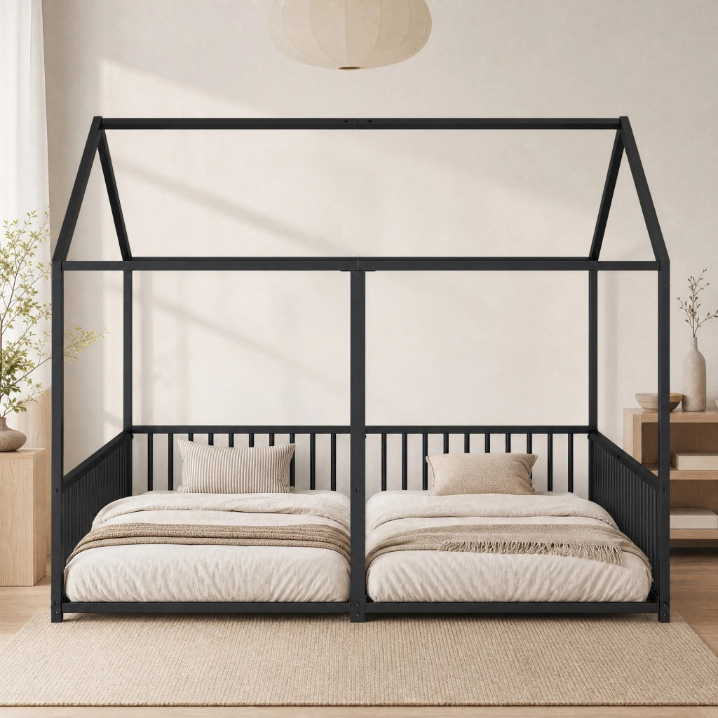 LETTO a casetta con sponde e scala 90x200 cm in metallo nero
