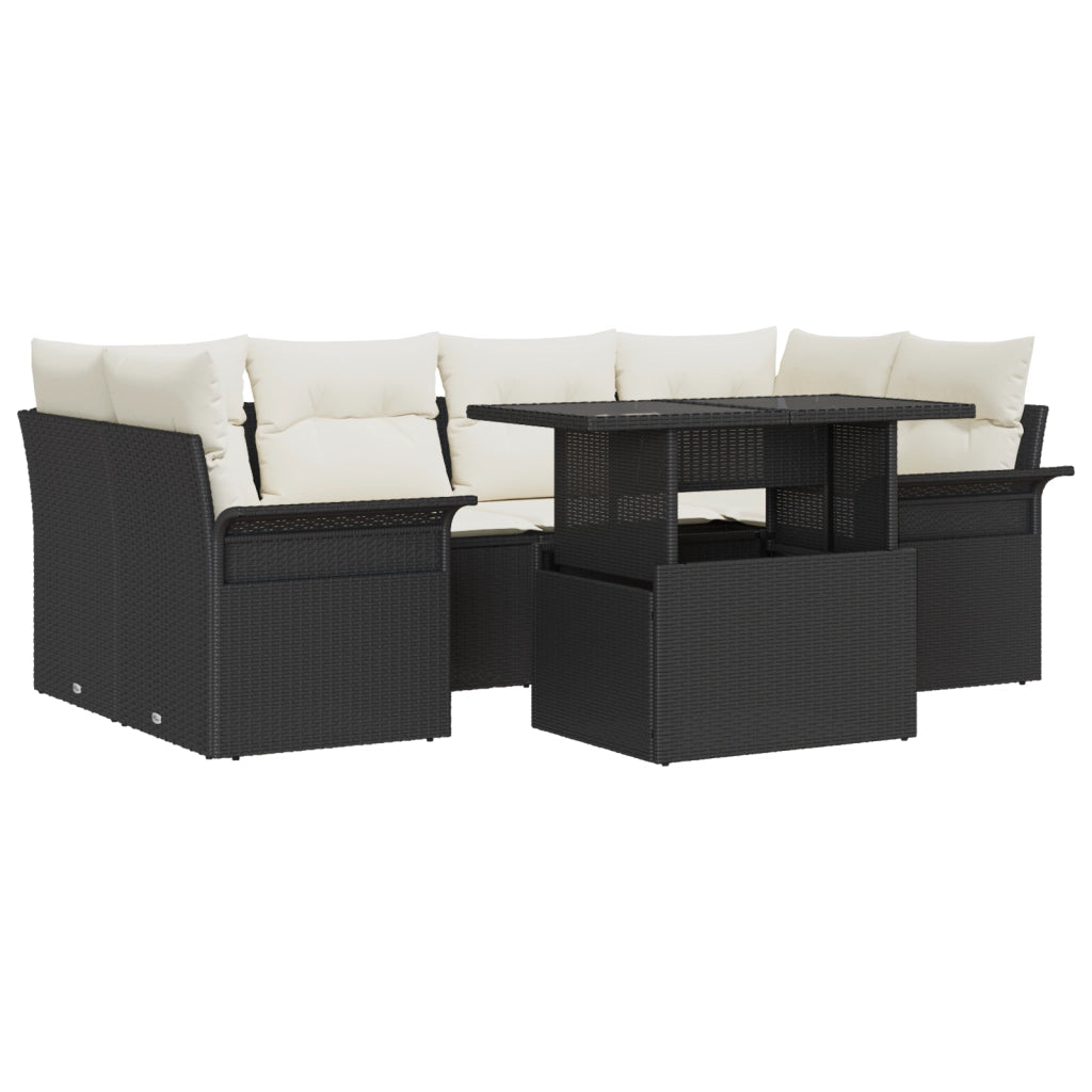 Set Divano da Giardino 7 Pezzi con Cuscini Nero Polirattan