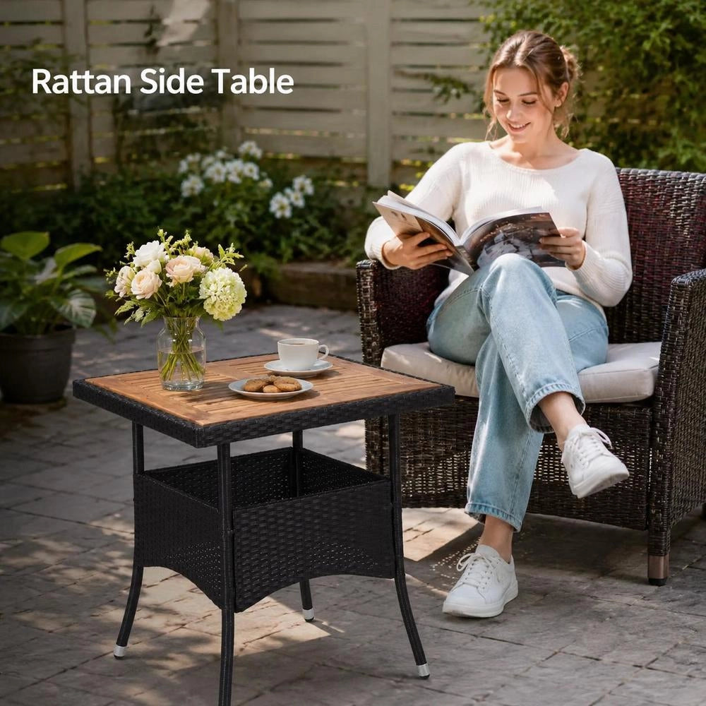 Garden Dining Table, Black Poly Rattan And Solid Acacia Wood