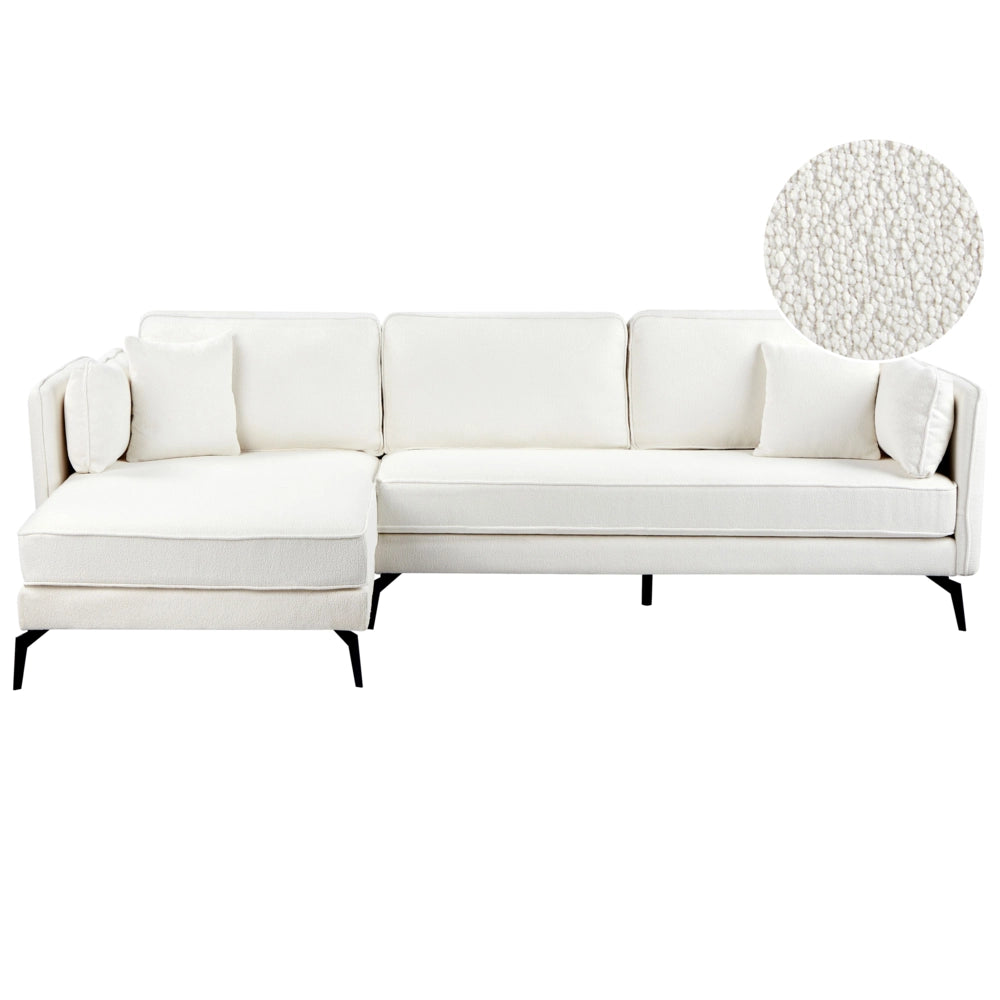 Divano angolare destro Bianco sporco Boucle Gambe in metallo Schienale a cuscino Cuscini sparsi Design moderno
