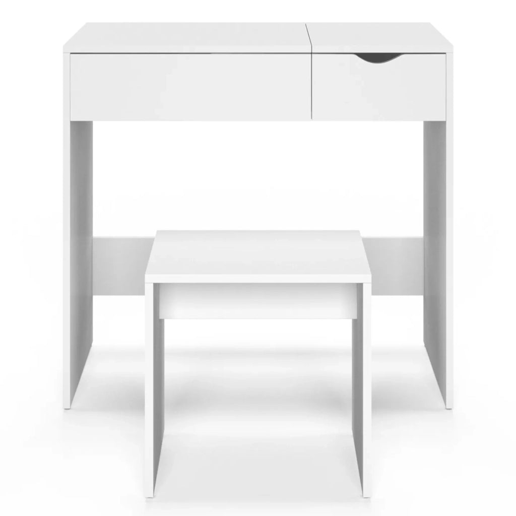 IDMarket - Mobiletto ZELIA con specchio pieghevole, 1 cassetti e 1 sgabello