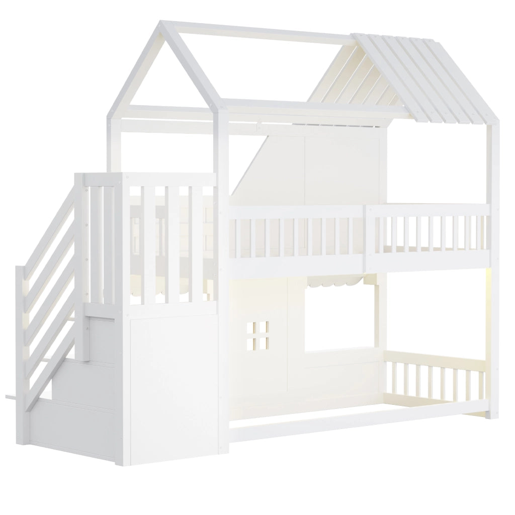 Letto a castello a casetta 90x200 cm con tetto; finestra; porta; scala contenitore; LED e ripiani; legno bianco