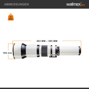 Teleobiettivo 650-1300mm 1:8-16 CSC compatibile con Pentax K – Zoom tele, focus manuale, per full-frame e APS-C – con coperchio e borsa di trasporto