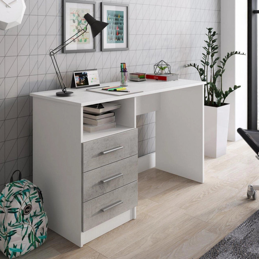 Scrivania Ardauli, Scrittoio multiuso, Tavolo per ufficio porta PC, Piano di lavoro, 120x48h75 cm, Bianco e Cemento