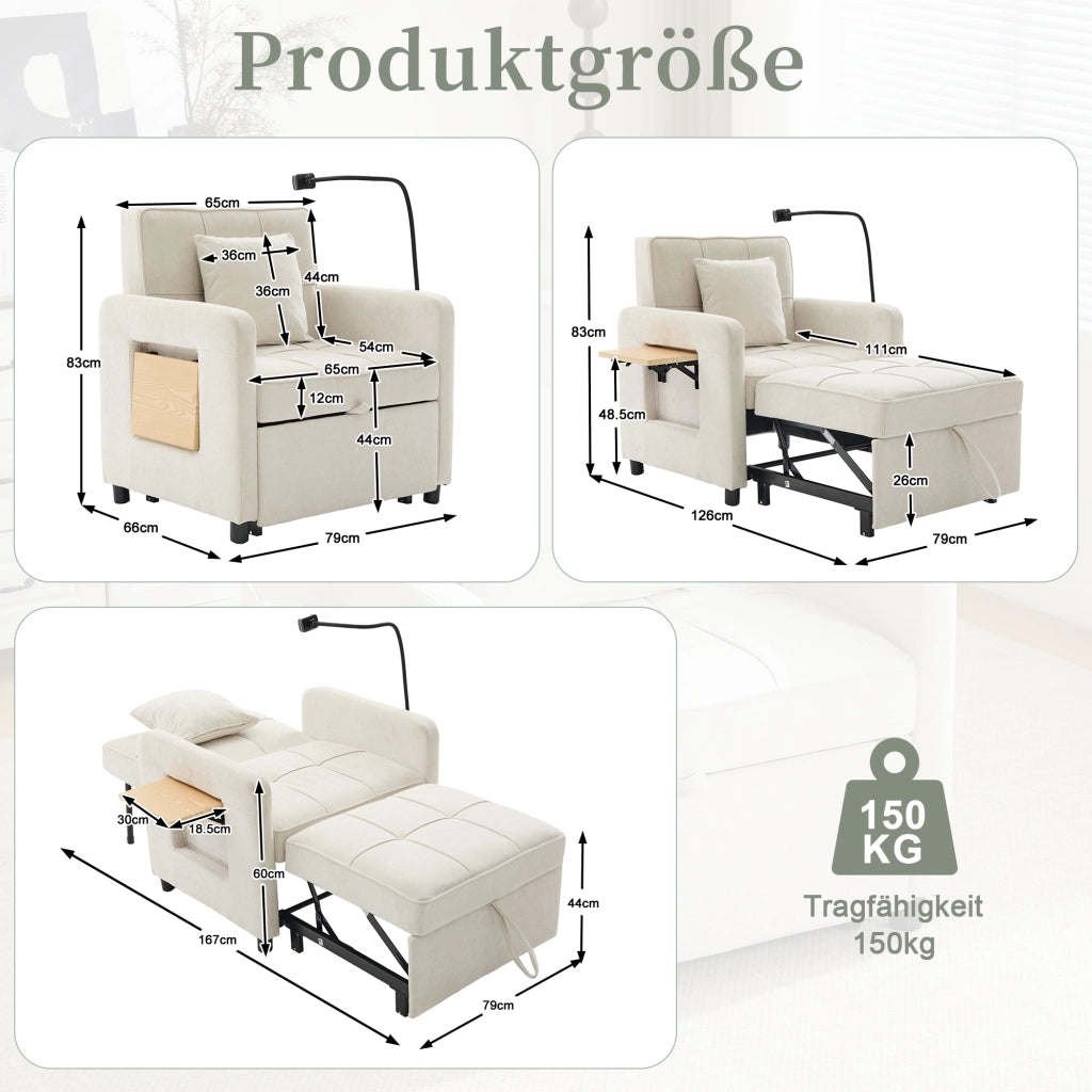 Poltrona convertibile 1 posto con spazio contenitore, vassoio e supporto telefono, Chenille Beige 167 × 79 × 83 cm