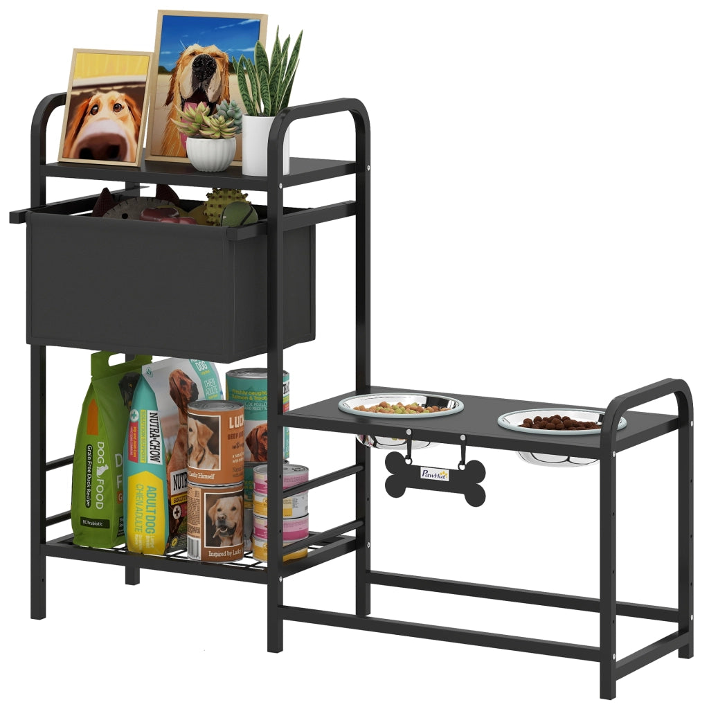 Ciotola per Cani Regolabile in Altezza con Contenitore ¨C zephmum ¨C 89.5x27x74 cm Nero