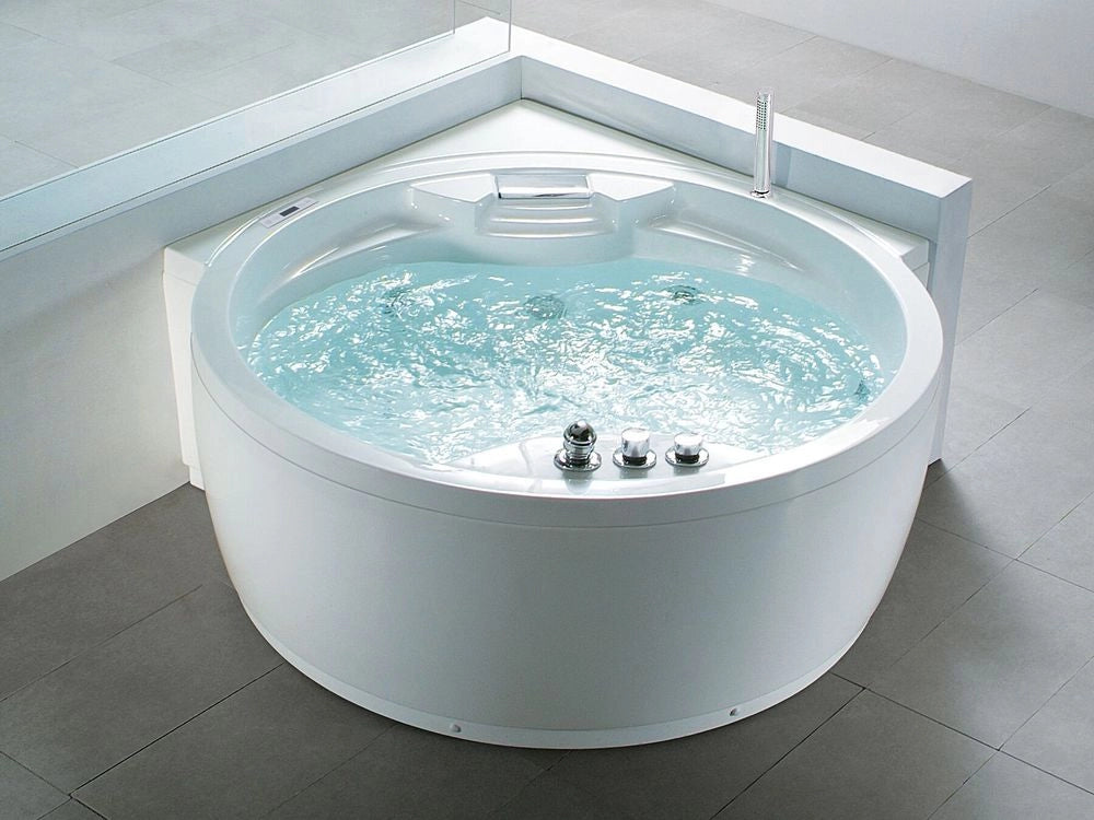 Vasca Idromassaggio Angolare Acrilico Bianco Getti Massaggio ⌀ 150 cm con Altoparlante LED Bluetooth
