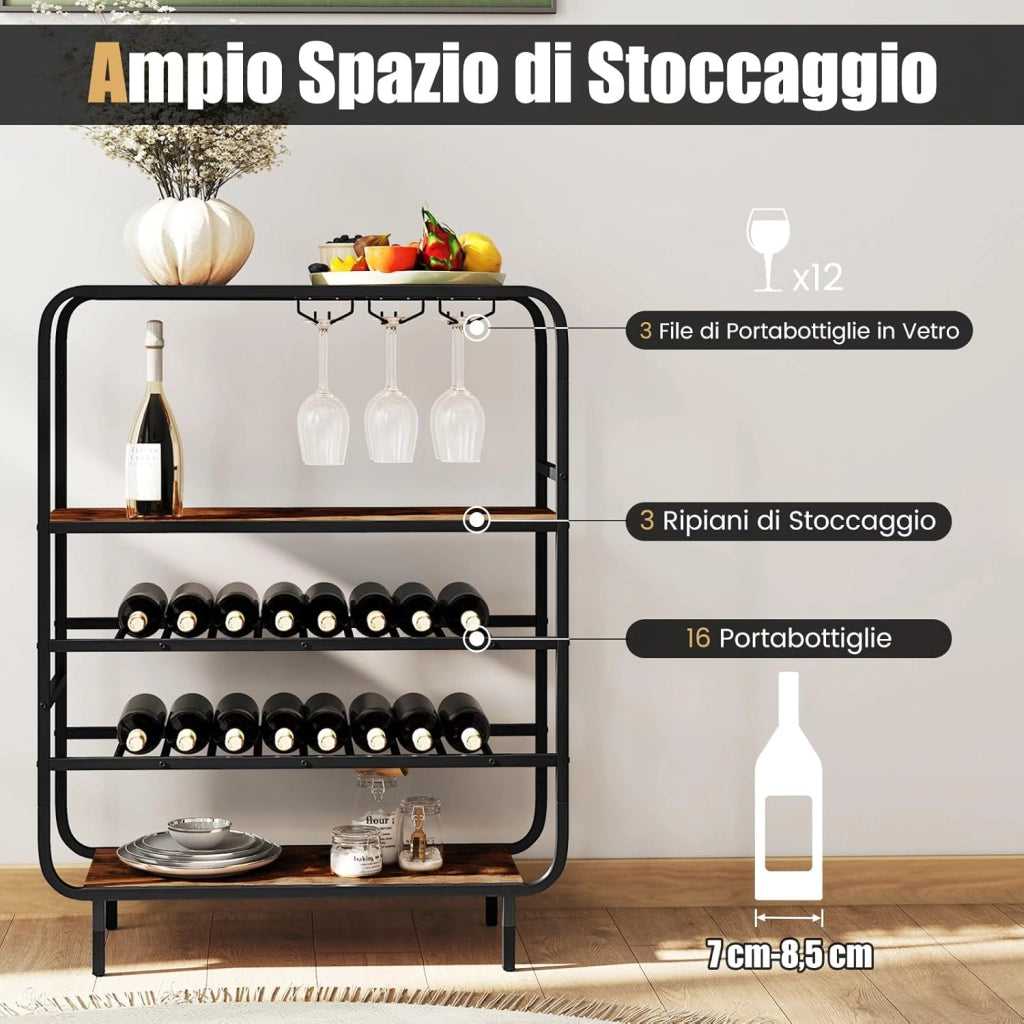 Scaffale per bottiglie a 5 ripiani, autoportante per 16 bottiglie, portabottiglie con supporto in vetro, 3 ripiani in legno e telaio in metallo, portabottiglie per vino, cucina, bar, soggiorno