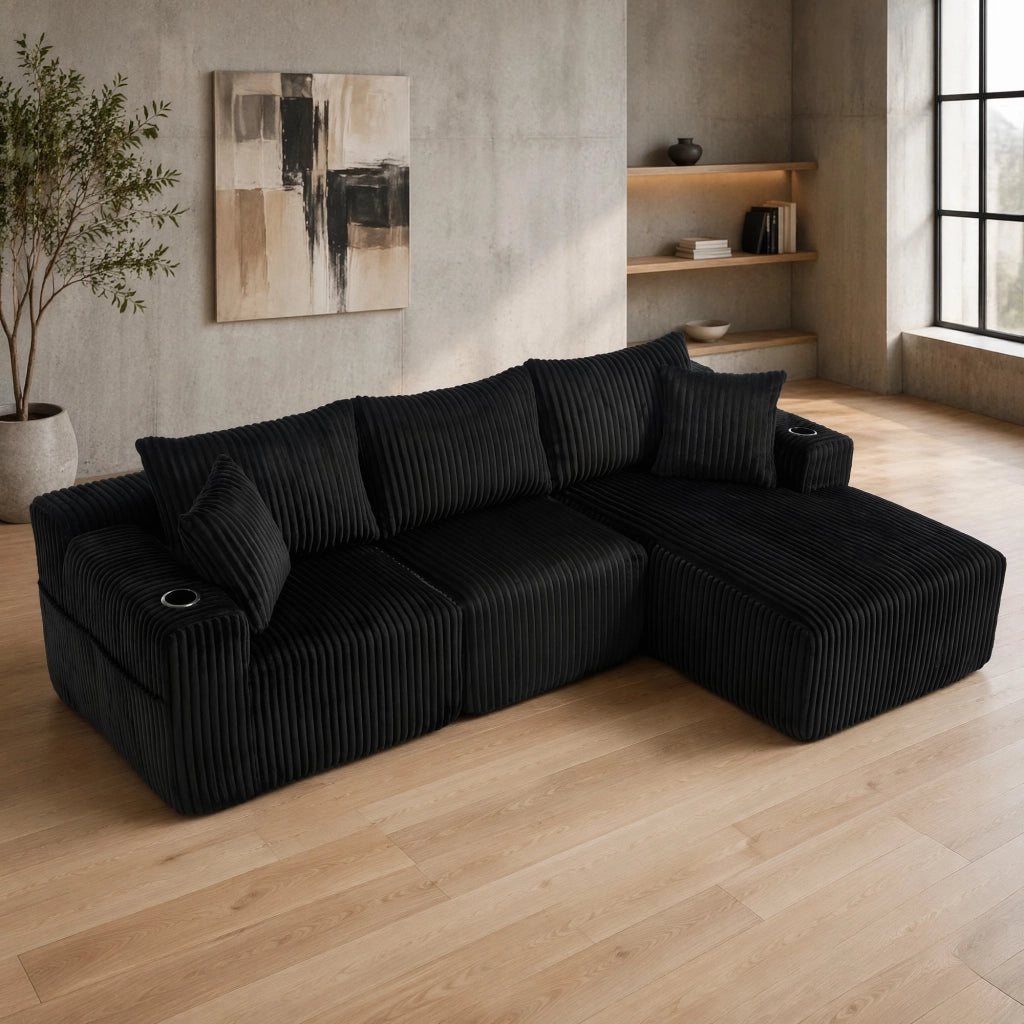 Divano modulare con chaise longue e 2 posti in corduroy nero; 257x160x62 cm