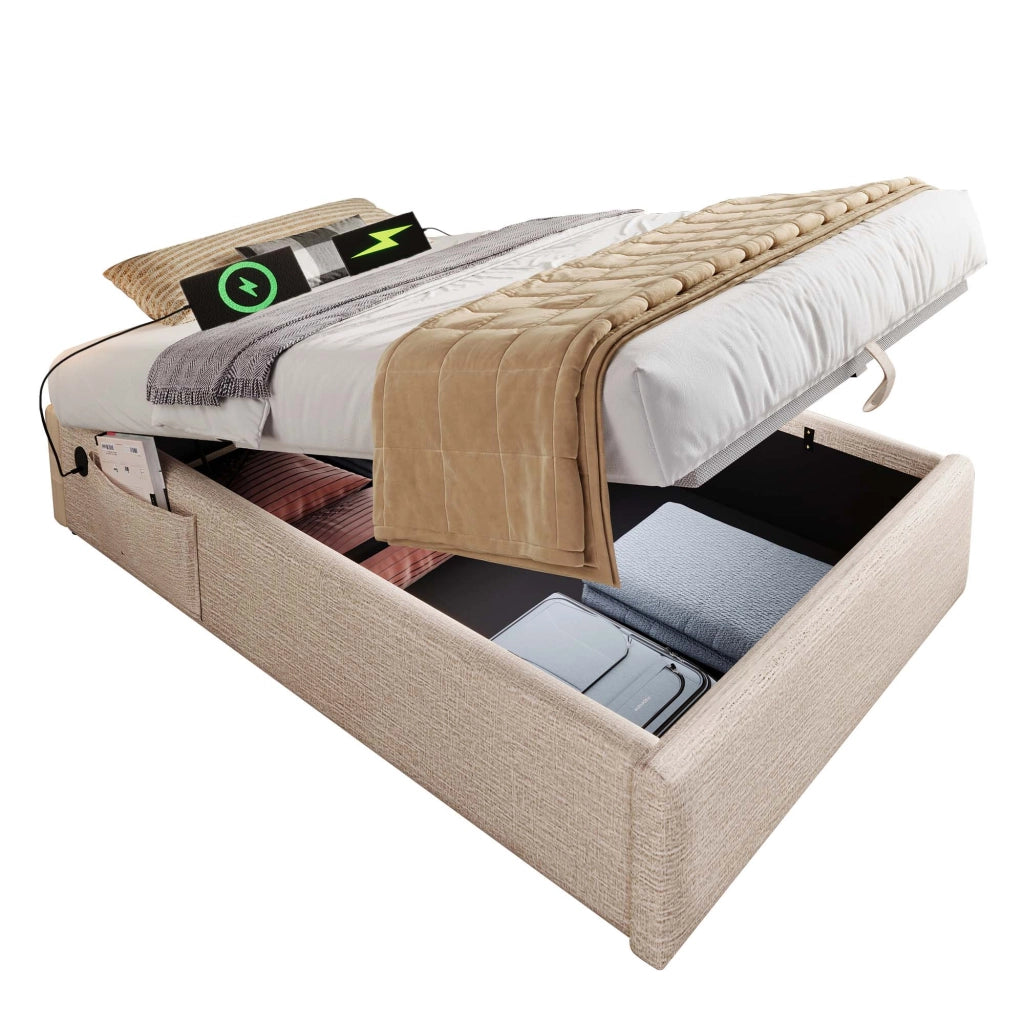 OKWISH Letto contenitore 90×190 cm, Letto Singolo con USB, Type C e contenitore con pistoni, senza Materasso, in Lino, Naturale