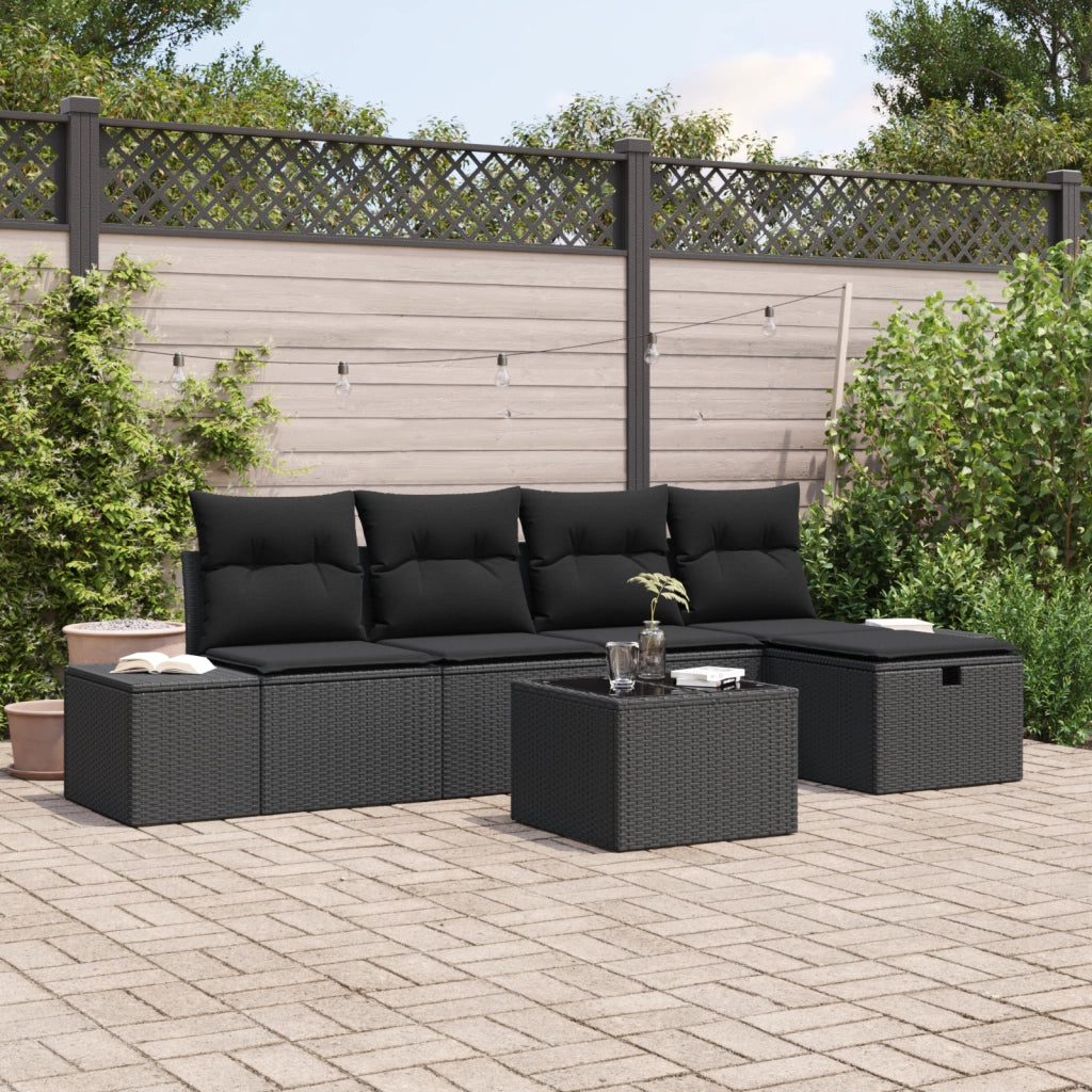 Set divani giardino 6 pezzi con cuscini Nero Polyrattan