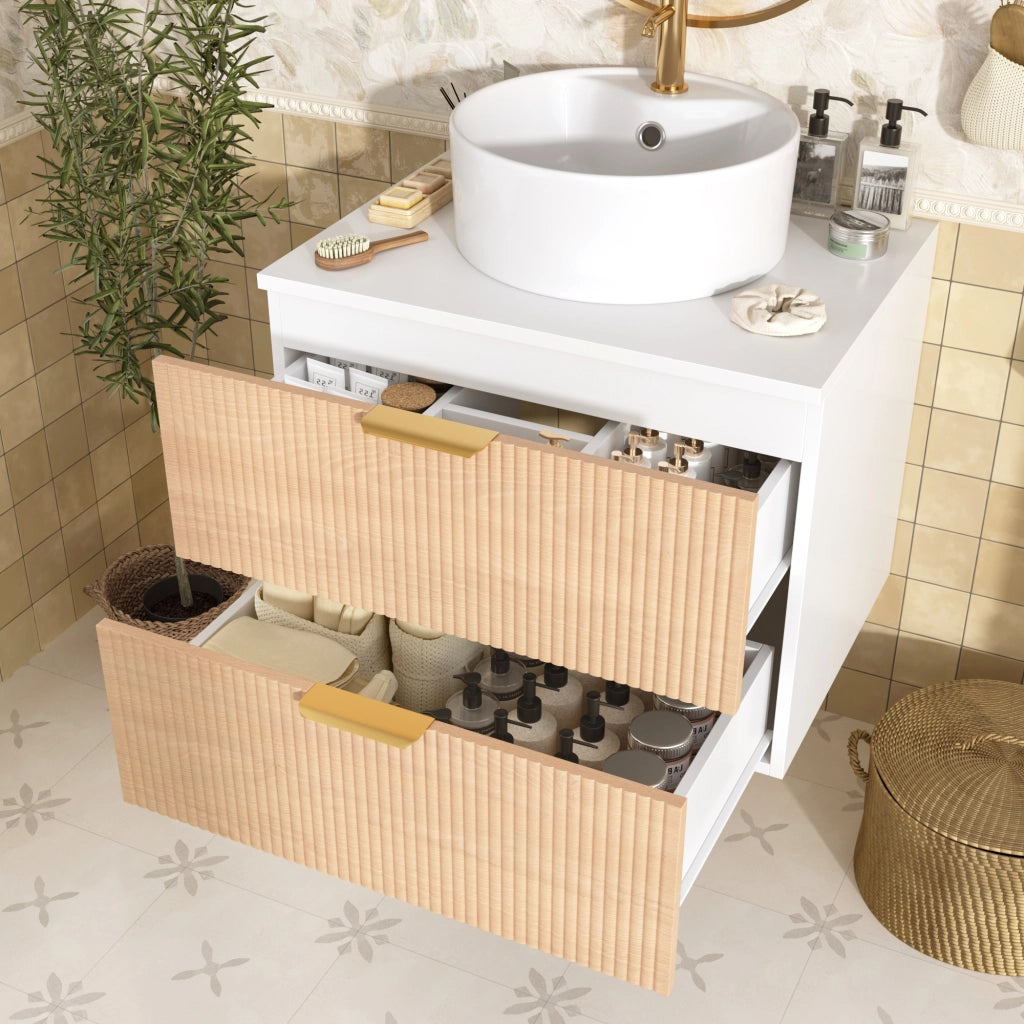Mobile Bagno Sospeso 60 cm con Lavabo in Ceramica Rotondo e Cassetti Effetto Legno