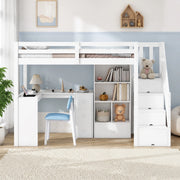 DESMIU Letto a Soppalco Letto Singolo con Scrivania, Scala Contenitore e Ripiani 90 × 200 cm, senza materasso