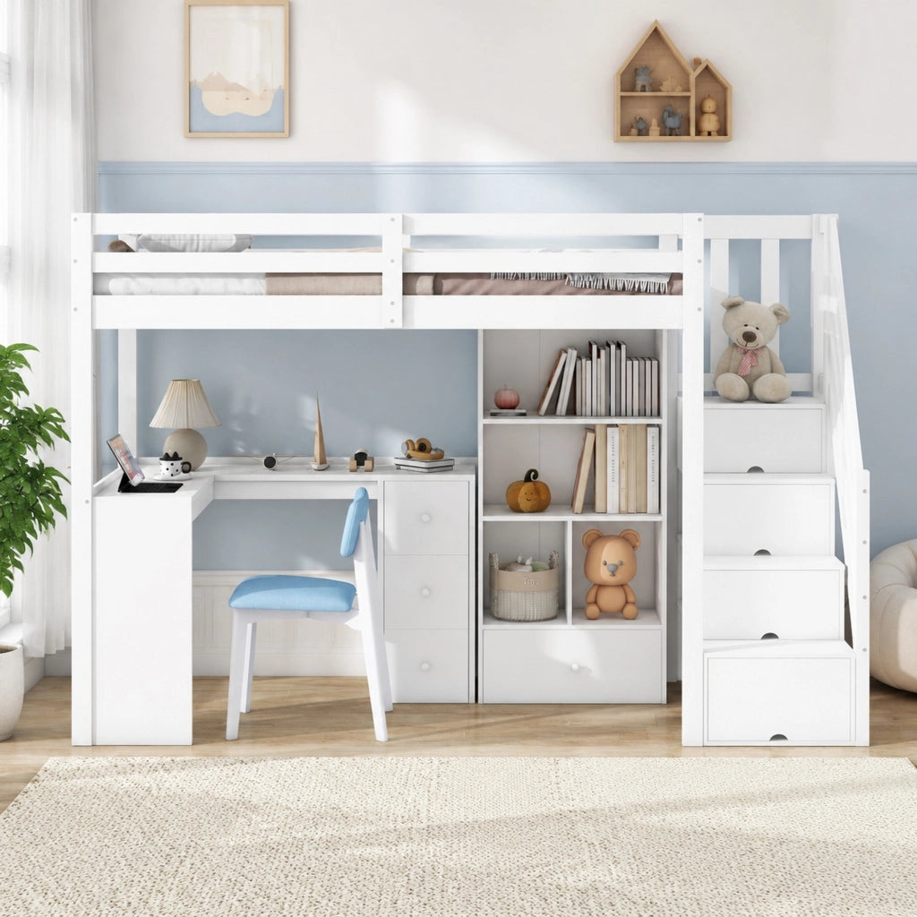 DESMIU Letto a Soppalco Letto Singolo con Scrivania, Scala Contenitore e Ripiani 90 × 200 cm, senza materasso