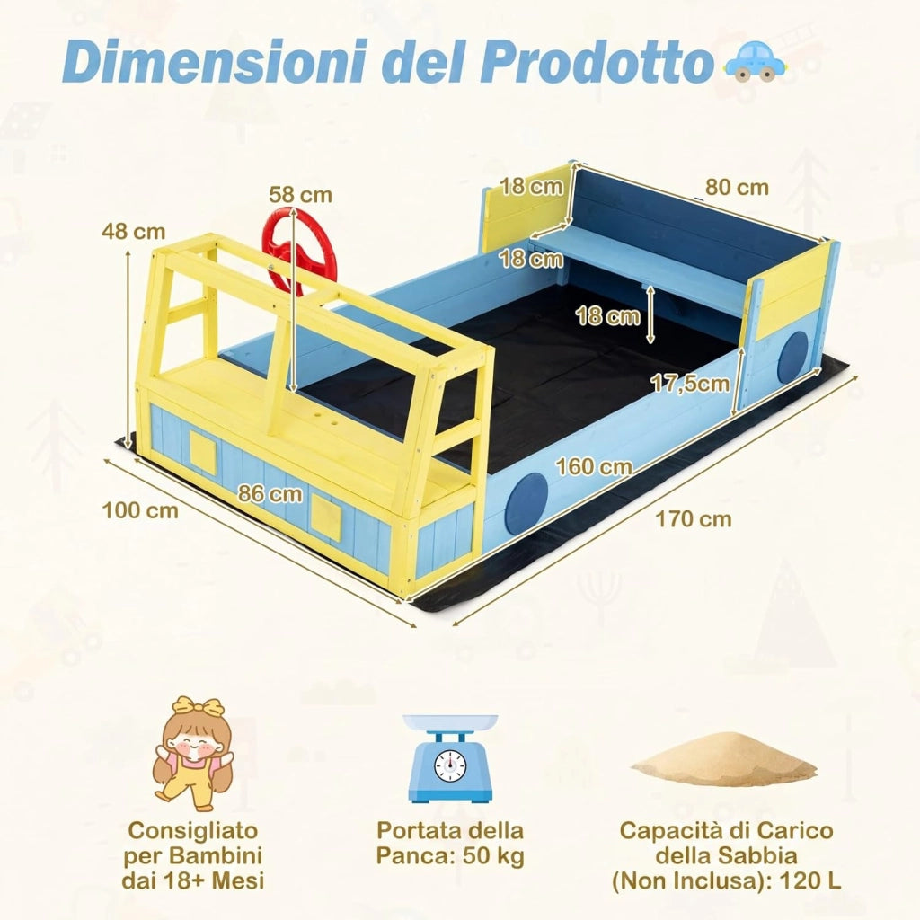 Sabbiera per Bambini in Legno, Gioco da Spiaggia a Forma di Autopompa con Panca, Volante Orientabile e Rivestimento, Sabbiera da Esterno per Giardino Cortile, 18+ Mesi