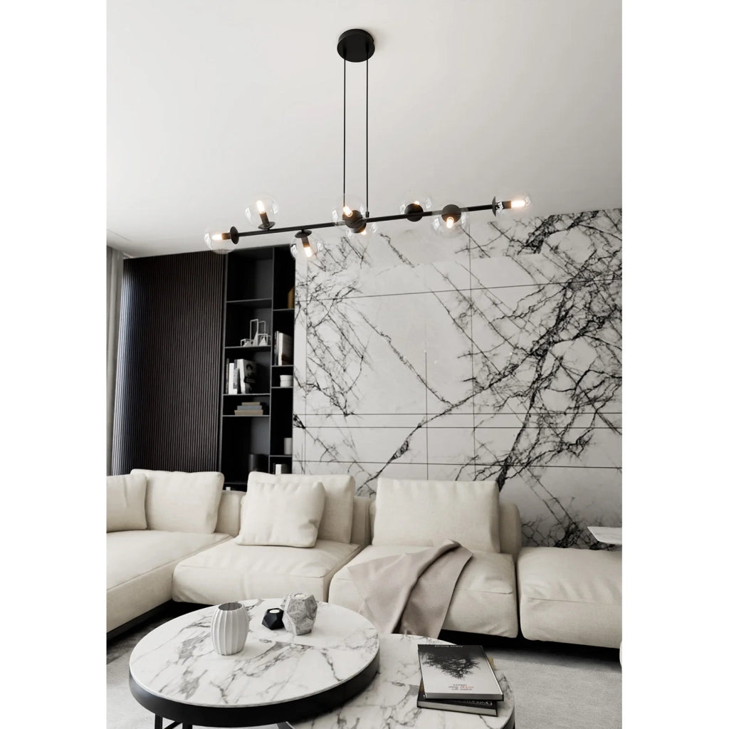 Lampadario Contemporaneo 8 Luci Durga In Acciaio Nero E Sfere Vetro Trasparente