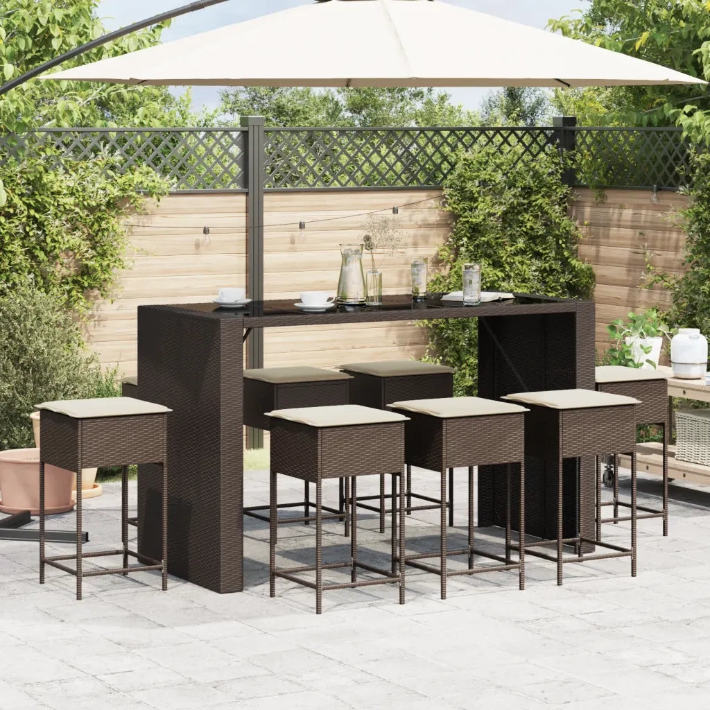 vidaXL Set Bar da Giardino 9 pz con Cuscini in Polyrattan Marrone