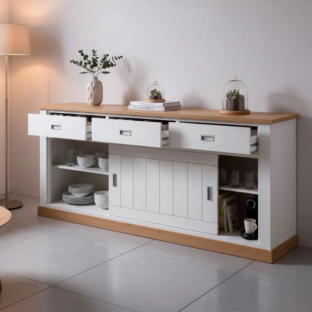 Madia Credenza Con 3 Cassetti 2 Ante Scorrevoli E 4 Ripiani Interni Mobile Dispensa Per Cucina Soggiorno Zona Living Design Classico Moderno 220 X 50 X 95 Cm Bianco E Rovere