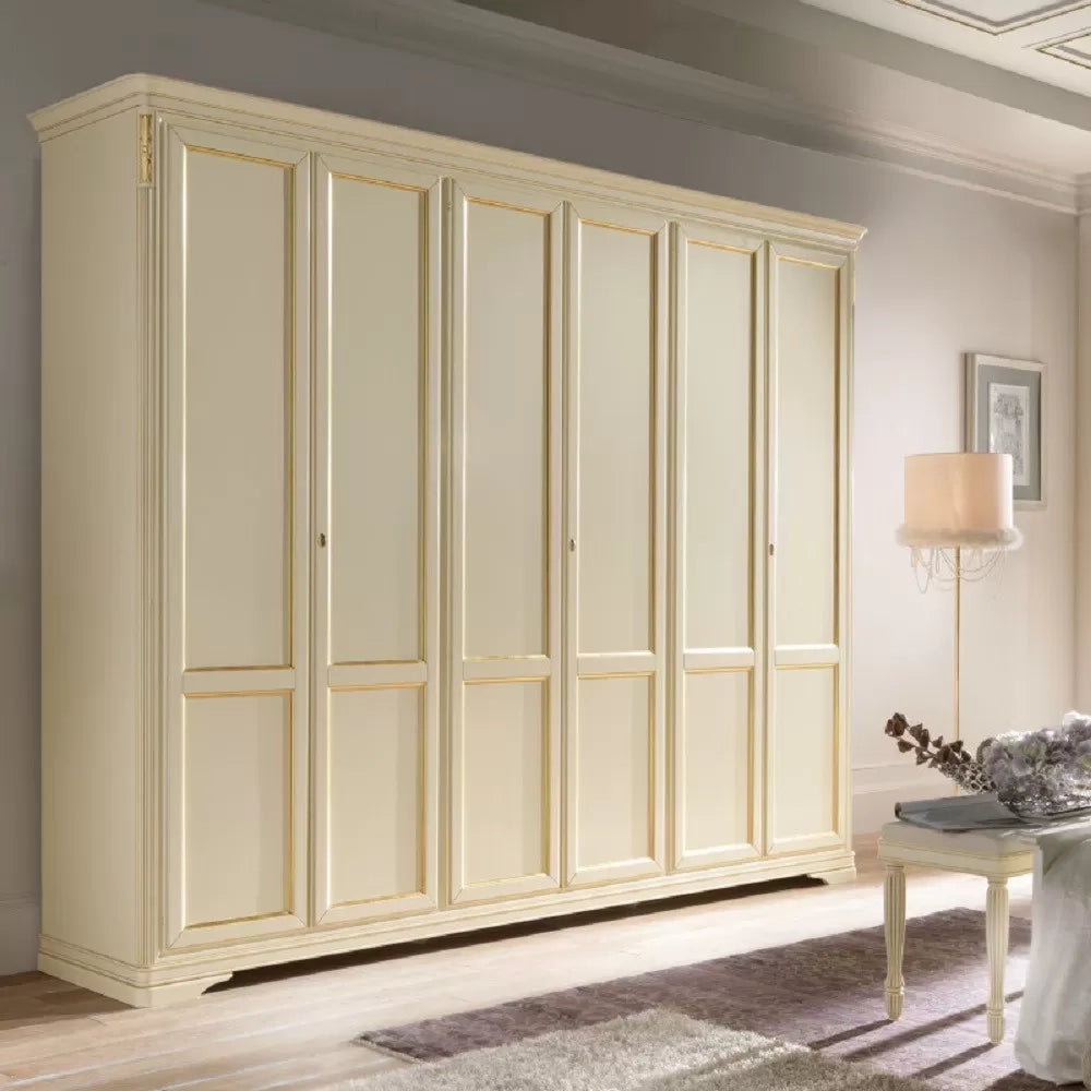 Armadio shabby classico 6 ante in legno avorio/oro l.310 p.60 h.250 - Mobili 2G