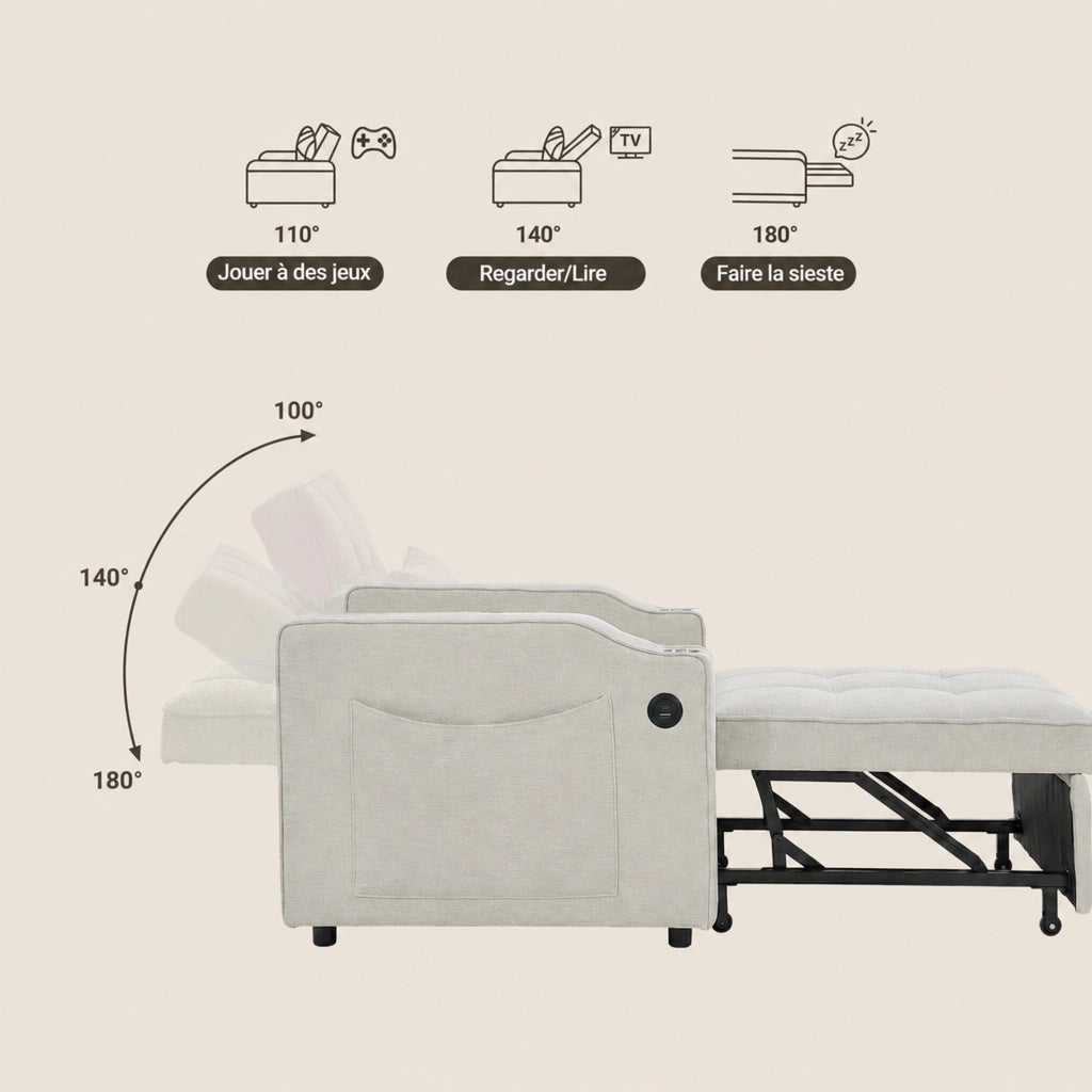 Poltrona letto convertibile con schienale regolabile a 3 posizioni e porte USB e USB-C in tessuto beige 190 × 85 × 86 cm