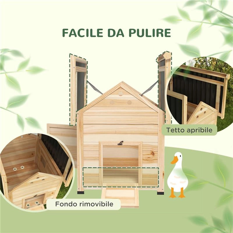 CASETTA PER ANATRE DA ESTERNO CON RAMPA, FONDO RIMOVIBILE E FORI DI VENTILAZIONE, 78X90X92 CM, LEGNO