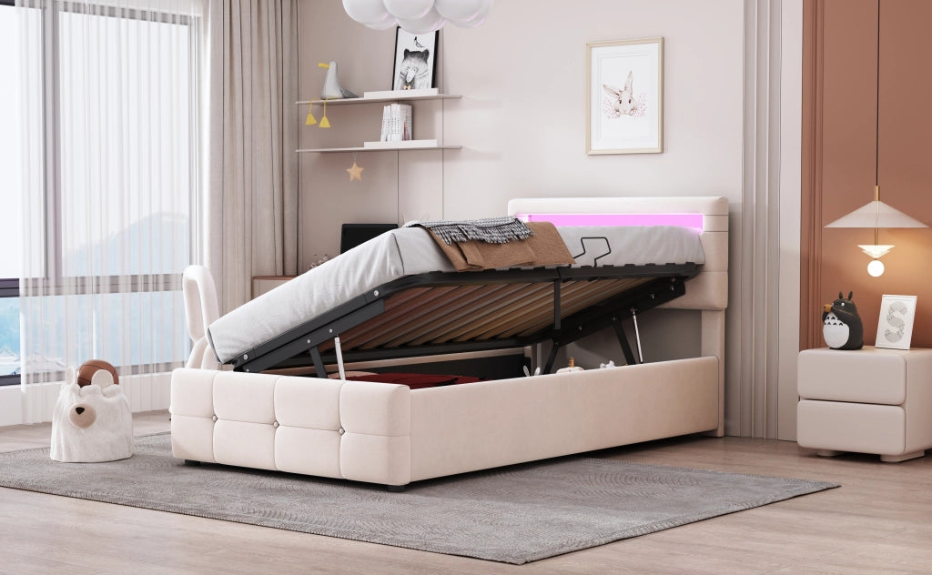 Letto bambino – 90x200 cm – LED contenitore idraulico testiera regolabile – velluto beige