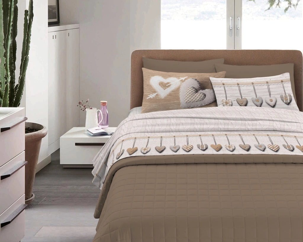 Completo Letto in Flanella Calda e Morbida Anti Pilling - Set Flanellato 3 Misure parure con Federe - Cuori beige - 1 Piazza e mezza