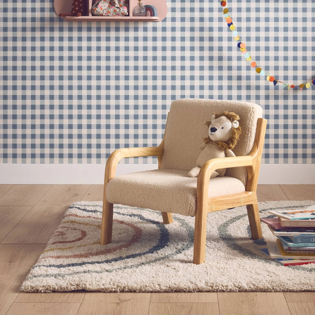 Poltrona scandinava per bambini in legno, tessuto bouclé, beige