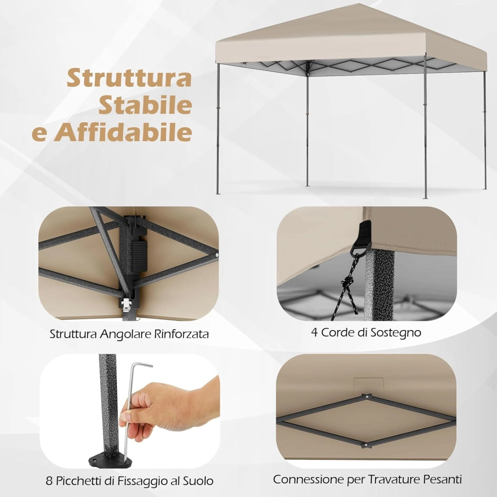 Gazebo Pieghevole Pop-up, Gazebo Esterno Impermeabile con Altezze Regolabili, Borsa Portatile, 8 Picchetti e 4 Corde Antivento, per Feste, Barbecue, Giardino e Spiaggia (Beige, 2,95 x 2,95 m)