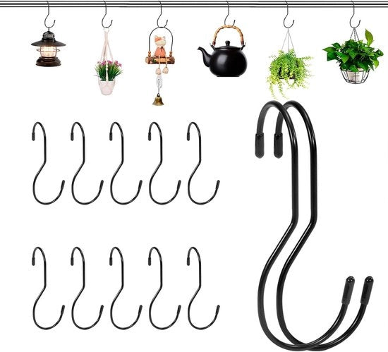 Hanger a S per accessori 12 pezzi in metallo nero per borse abbigliamento piante vasi e padelle - armadio cucina giardino