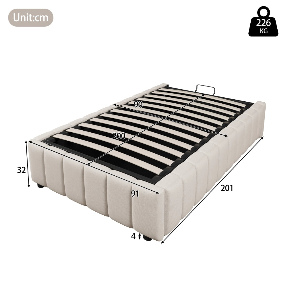 Letti contenitori 90x200 cm; contenitore idraulico; lino; beige (Senza materasso)