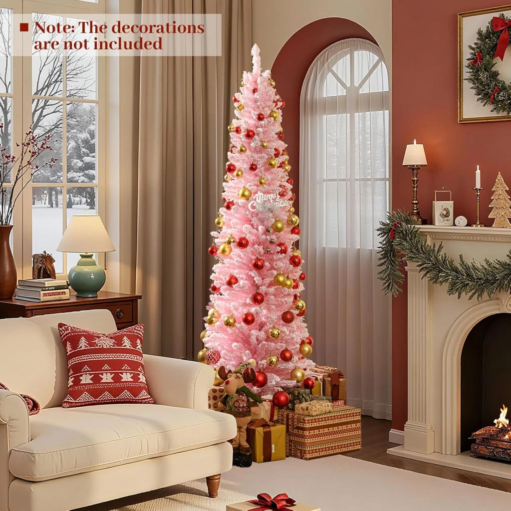 180 cm Albero di Natale Artificiale Rosa, Albero di Natale a Matita con 460 Punte di Rami Innevati e Base Pieghevole in Metallo, Albero non Illuminato per Festa e Decorazione