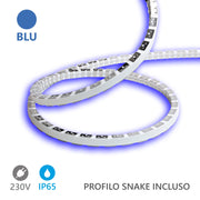 Alcapower Striscia LED Snake Flex 20m 230V 12W/m Luce Blu IP65 in Silicone, Flessibile e Resistente per Illuminazione Professionale ad Alta Efficienza