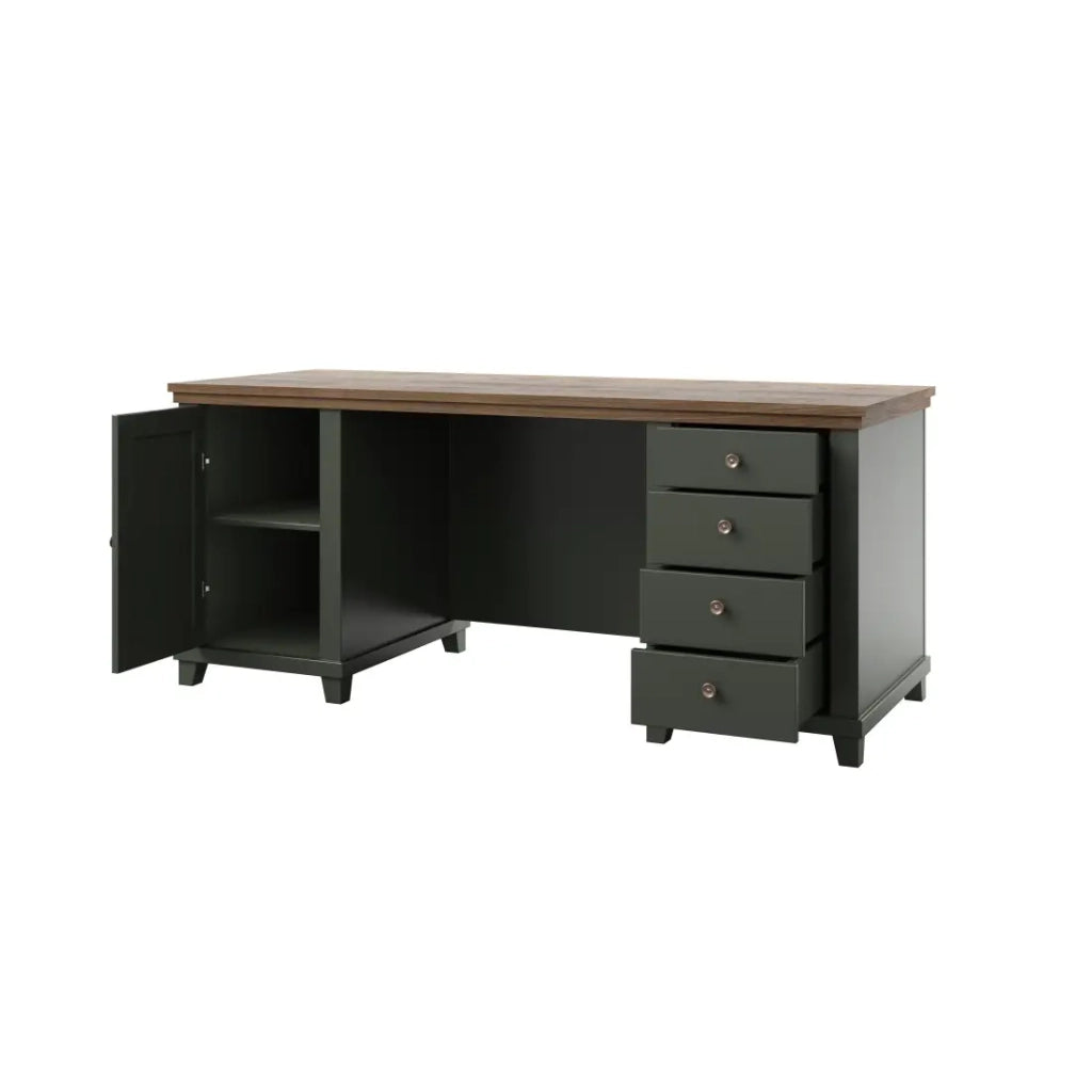 Scrivania ASSIA 180 cm verde scuro e legno - Cassetti, nicchie e vano di archiviazione - Eleganza senza tempo