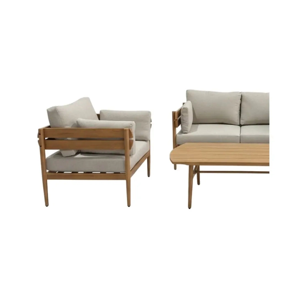 Set da giardino SELVANO 4 posti in alluminio effetto legno con cuscini beige e tavolino basso
