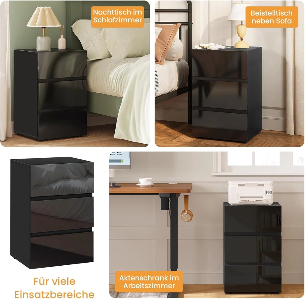 Comodino per Camera da Letto, Mobiletto Nero con 3 Cassetti, Cassettiera Piccola Salvaspazio in Legno, con Guide Metalliche, Design Moderno, 40x35x62cm, 0014CTG