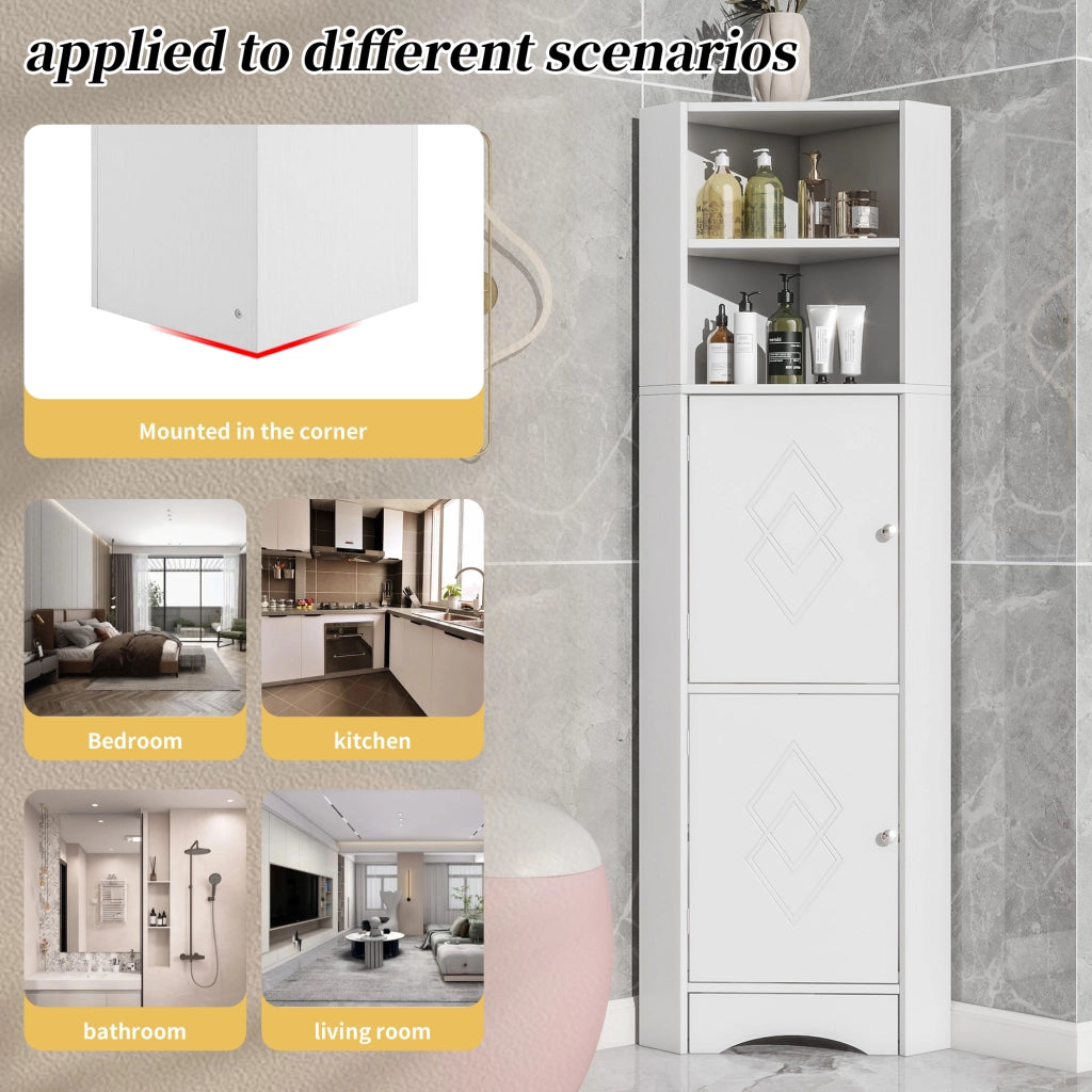 Armadietto da bagno angolare con 2 vani aperti e ripiano regolabile per bagno in truciolare bianco 36.5 × 36.5 × 155 cm