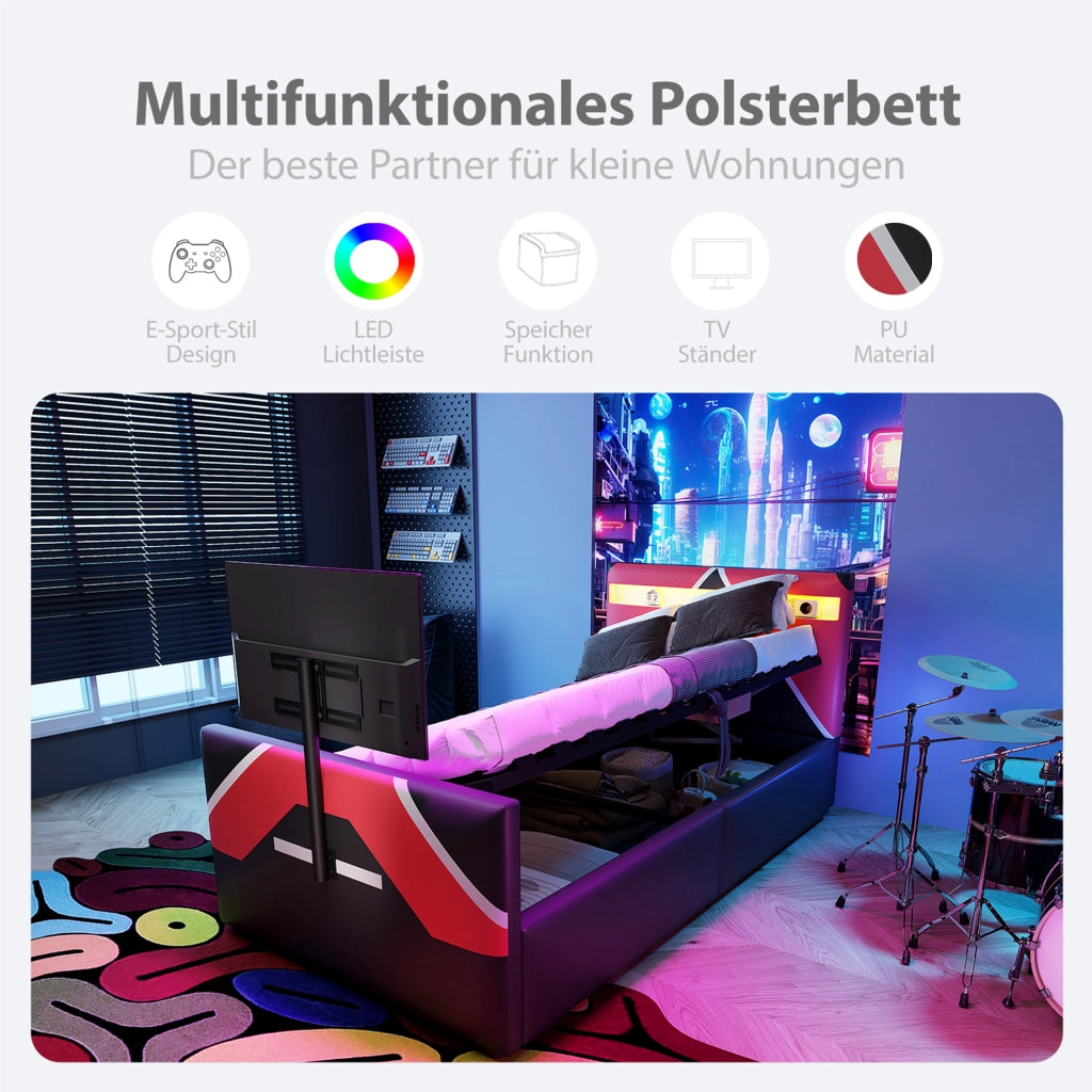 Letto imbottito nero con illuminazione led a cambio colore stoccaggio idraulico supporto tv 90x200 cm