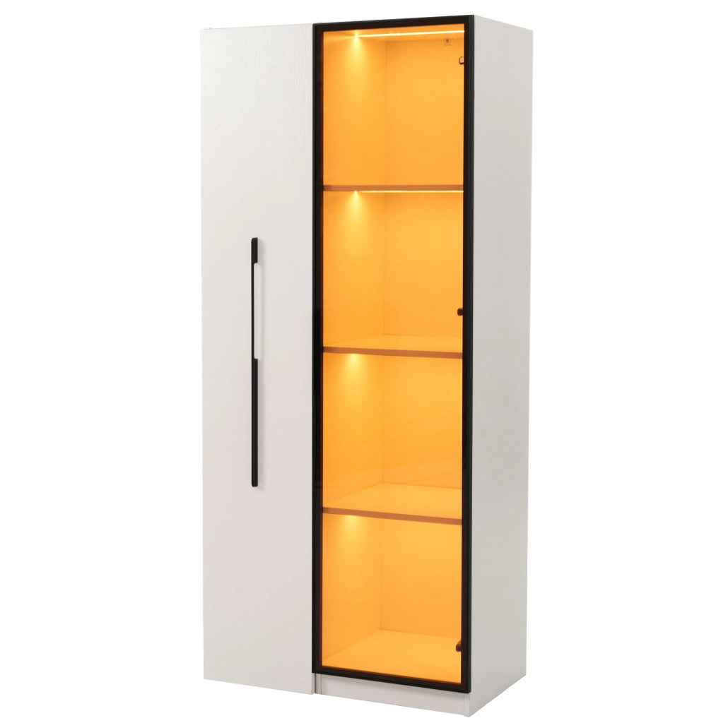 Mobile multifunzione 70x40x160 cm in MDF bianco con vetrina in vetro colorato e LED