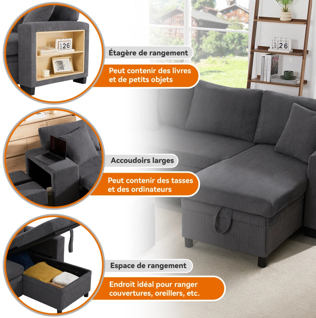 Divano letto angolare 3-4 posti in velluto a coste grigio con contenitore; USB e Type-C