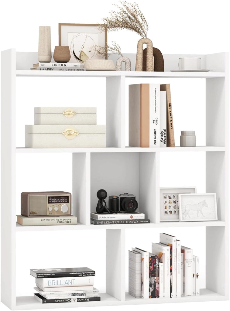 Libreria a Cubi con 7 Scomparti, Mensola Espositiva per l'Archiviazione, Libreria in Legno con Dispositivi Anti-Ribaltamento, per Studio Soggiorno, 80x20x90 cm (Bianco)